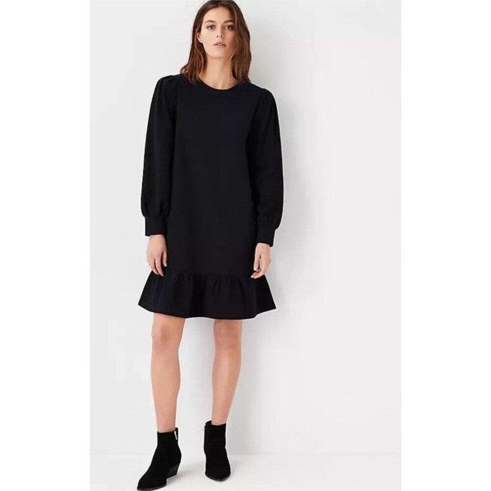 NWT Women's Ann Taylor L/S Black Peplum Sweatshirt Dress Sz Large